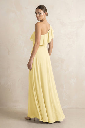 Ruffled One - Shoulder A - Line Chiffon Bridesmaid Dress in Pastel Yellow - KISS BRIDAL Bridesmaid Dresses