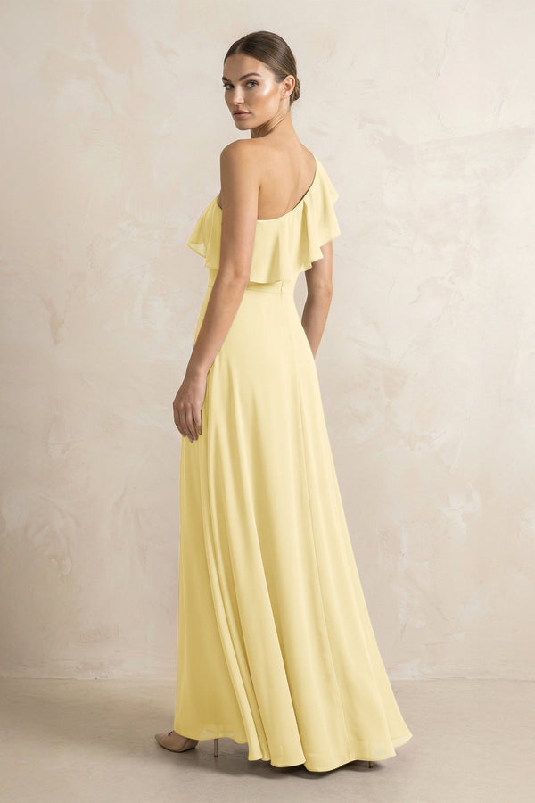 Ruffled One - Shoulder A - Line Chiffon Bridesmaid Dress in Pastel Yellow - KISS BRIDAL Bridesmaid Dresses