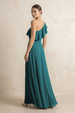 Ruffled One - Shoulder A - Line Chiffon Bridesmaid Dress in Pine - SHE IS ME Bridesmaid Dresses