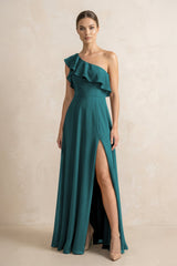 Ruffled One - Shoulder A - Line Chiffon Bridesmaid Dress in Pine - KISS BRIDAL Bridesmaid Dresses