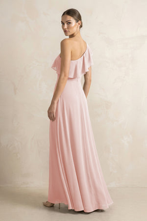 Ruffled One-Shoulder A-Line Chiffon Bridesmaid Dress in Rose Petal (2) | KISSBRIDAL