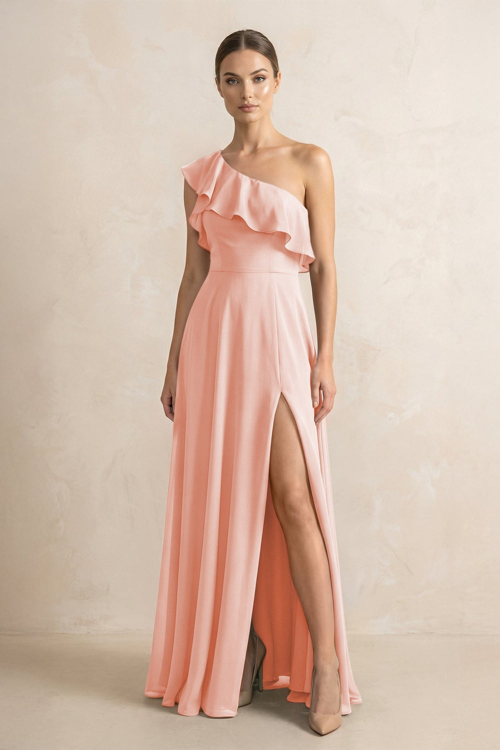 Ruffled One - Shoulder A - Line Chiffon Bridesmaid Dress in Rose Petal - KISS BRIDAL Bridesmaid Dresses
