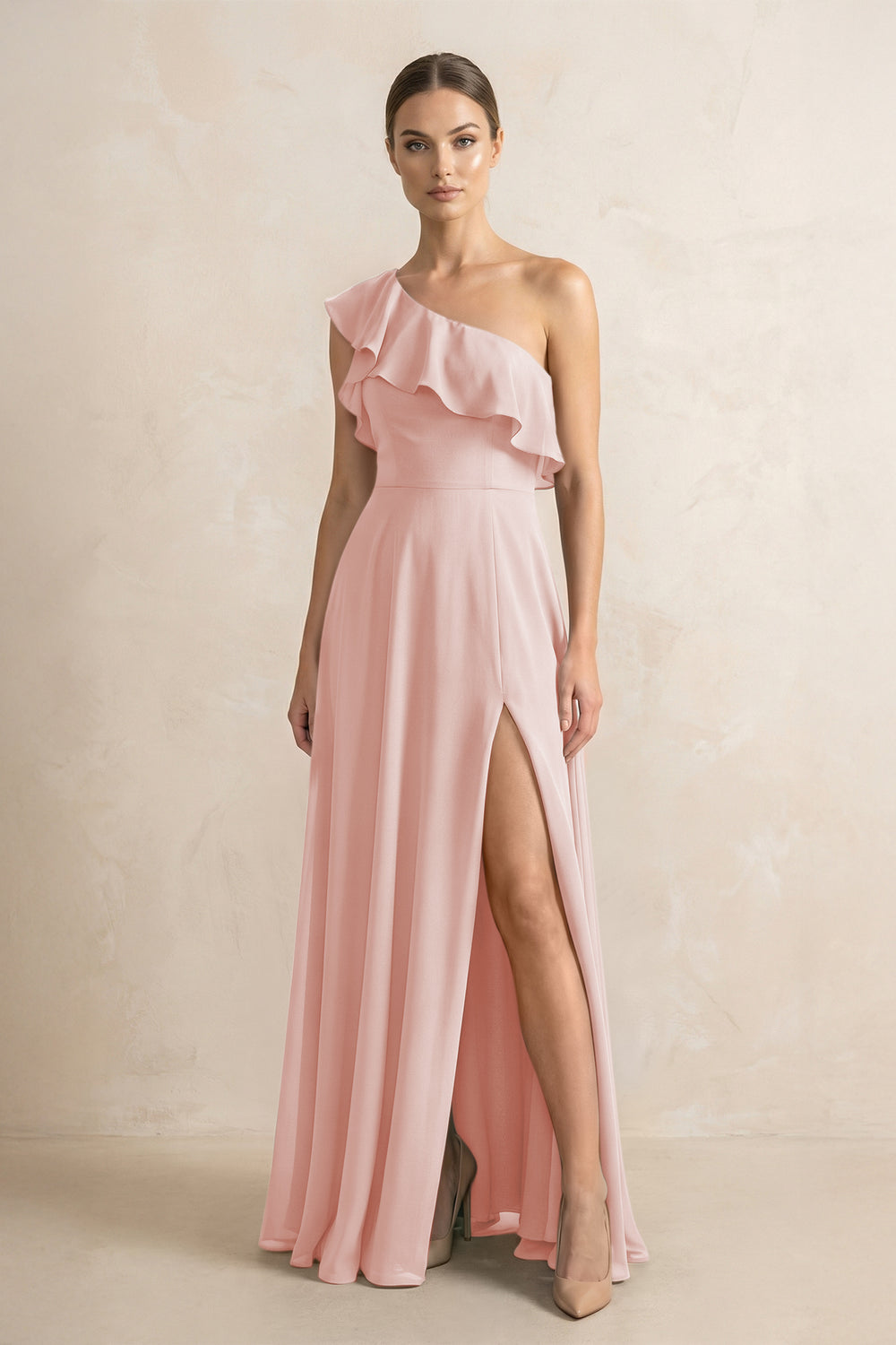 Ruffled One-Shoulder A-Line Chiffon Bridesmaid Dress in Rose Petal
