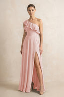 Ruffled One-Shoulder A-Line Chiffon Bridesmaid Dress in Rose Petal | KISSBRIDAL