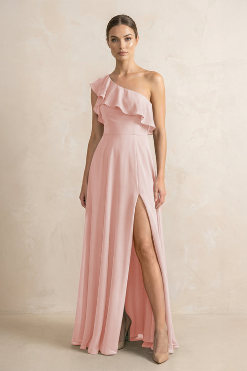 Ruffled One-Shoulder A-Line Chiffon Bridesmaid Dress in Rose Petal | KISSBRIDAL