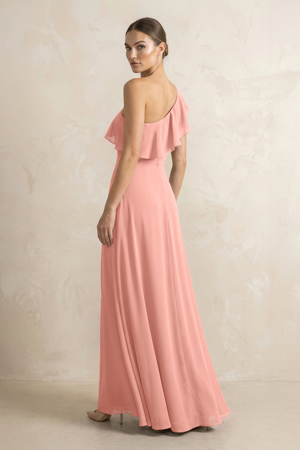 Ruffled One-Shoulder A-Line Chiffon Bridesmaid Dress in Rosette