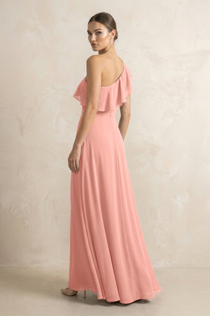 Ruffled One-Shoulder A-Line Chiffon Bridesmaid Dress in Rosette (2) | KISSBRIDAL