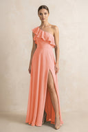 Ruffled One - Shoulder A - Line Chiffon Bridesmaid Dress in Rosette - SHE IS ME Bridesmaid Dresses