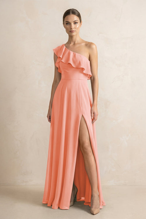 Ruffled One - Shoulder A - Line Chiffon Bridesmaid Dress in Rosette - SHE IS ME Bridesmaid Dresses