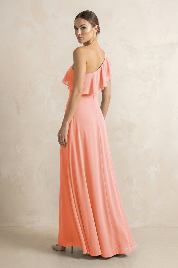 Ruffled One - Shoulder A - Line Chiffon Bridesmaid Dress in Rosette - SHE IS ME Bridesmaid Dresses