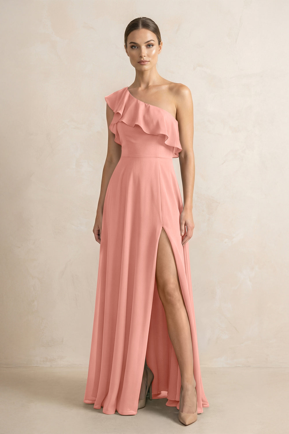 Ruffled One-Shoulder A-Line Chiffon Bridesmaid Dress in Rosette