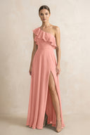 Ruffled One-Shoulder A-Line Chiffon Bridesmaid Dress in Rosette | KISSBRIDAL