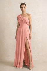 Ruffled One-Shoulder A-Line Chiffon Bridesmaid Dress in Rosette | KISSBRIDAL