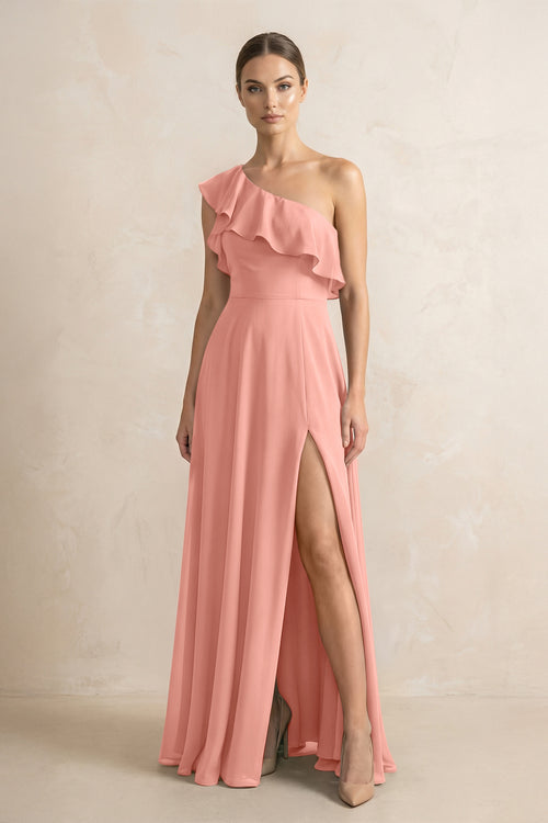 Ruffled One-Shoulder A-Line Chiffon Bridesmaid Dress in Rosette | KISSBRIDAL