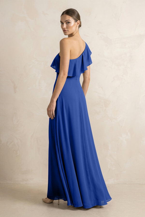 Ruffled One - Shoulder A - Line Chiffon Bridesmaid Dress in Royal Blue - KISS BRIDAL Bridesmaid Dresses