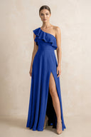 Ruffled One - Shoulder A - Line Chiffon Bridesmaid Dress in Royal Blue - KISS BRIDAL Bridesmaid Dresses