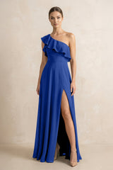 Ruffled One - Shoulder A - Line Chiffon Bridesmaid Dress in Royal Blue - KISS BRIDAL Bridesmaid Dresses