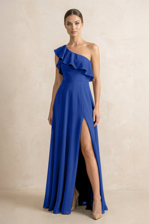 Ruffled One - Shoulder A - Line Chiffon Bridesmaid Dress in Royal Blue - KISS BRIDAL Bridesmaid Dresses