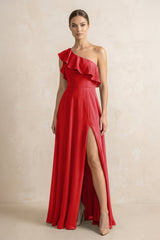 Ruffled One - Shoulder A - Line Chiffon Bridesmaid Dress in Ruby Red - KISS BRIDAL Bridesmaid Dresses