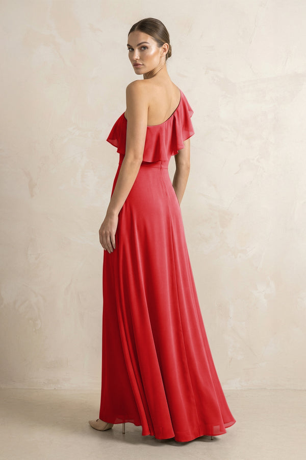 Ruffled One - Shoulder A - Line Chiffon Bridesmaid Dress in Ruby Red - SHE IS ME Bridesmaid Dresses