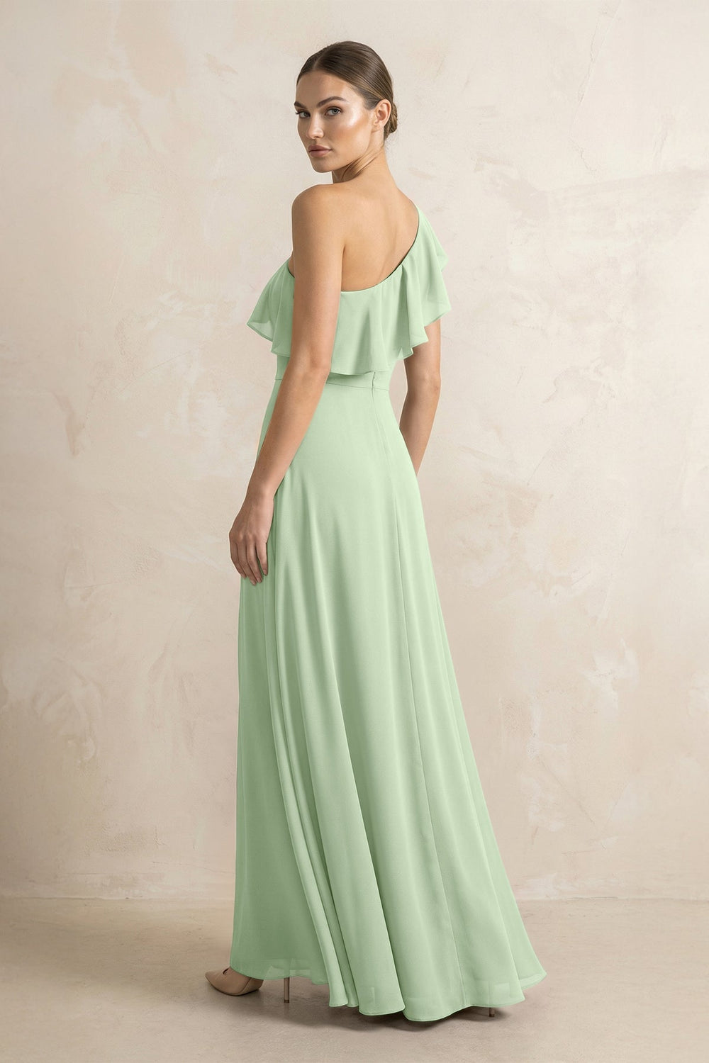 Ruffled One - Shoulder A - Line Chiffon Bridesmaid Dress in Sage - KISS BRIDAL Bridesmaid Dresses