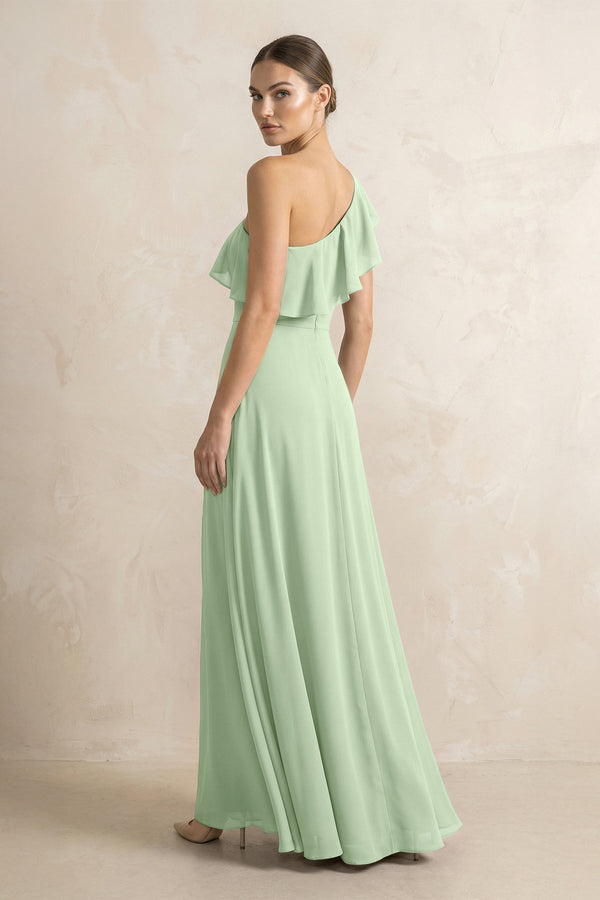 Ruffled One - Shoulder A - Line Chiffon Bridesmaid Dress in Sage - SHE IS ME Bridesmaid Dresses