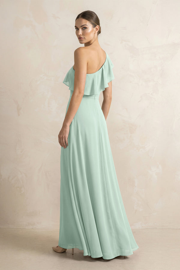 Ruffled One-Shoulder A-Line Chiffon Bridesmaid Dress in Sage (2) | KISSBRIDAL