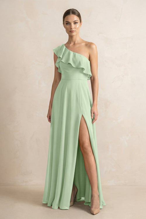Ruffled One - Shoulder A - Line Chiffon Bridesmaid Dress in Sage - SHE IS ME Bridesmaid Dresses