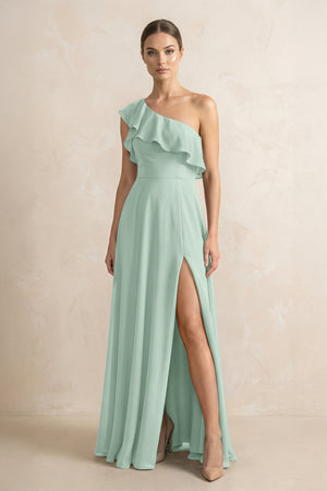 Ruffled One-Shoulder A-Line Chiffon Bridesmaid Dress in Sage | KISSBRIDAL