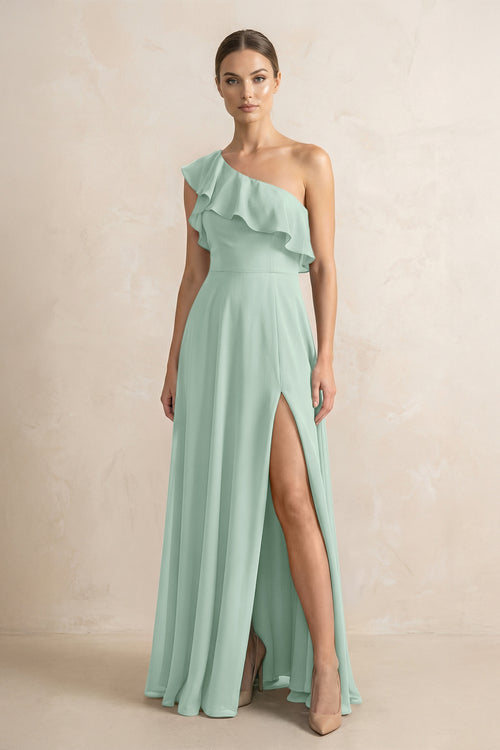 Ruffled One-Shoulder A-Line Chiffon Bridesmaid Dress in Sage | KISSBRIDAL