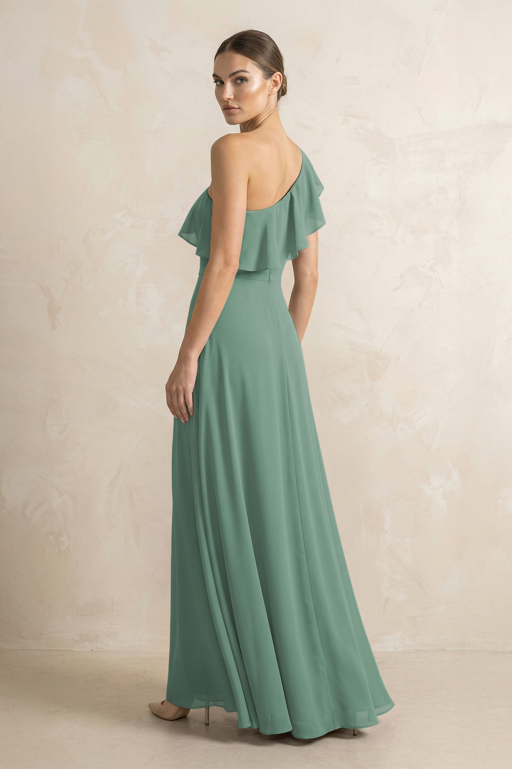 Ruffled One-Shoulder A-Line Chiffon Bridesmaid Dress in Sea Glass