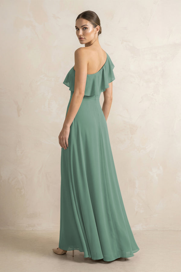 Ruffled One-Shoulder A-Line Chiffon Bridesmaid Dress in Sea Glass (2) | KISSBRIDAL