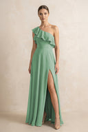 Ruffled One - Shoulder A - Line Chiffon Bridesmaid Dress in Sea Glass - KISS BRIDAL Bridesmaid Dresses