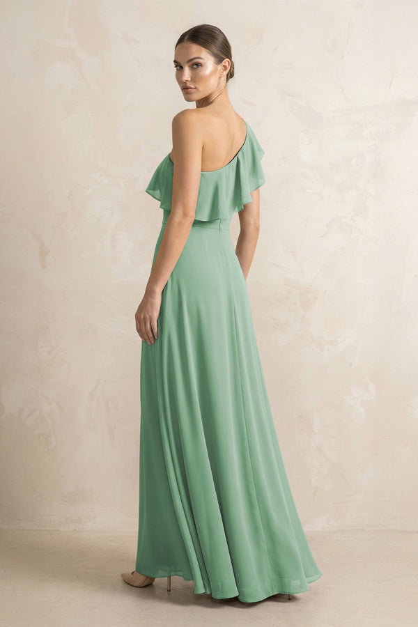 Ruffled One - Shoulder A - Line Chiffon Bridesmaid Dress in Sea Glass - KISS BRIDAL Bridesmaid Dresses
