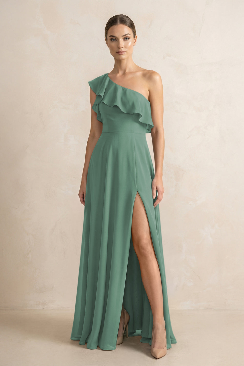 Ruffled One-Shoulder A-Line Chiffon Bridesmaid Dress in Sea Glass