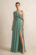 Ruffled One-Shoulder A-Line Chiffon Bridesmaid Dress in Sea Glass | KISSBRIDAL