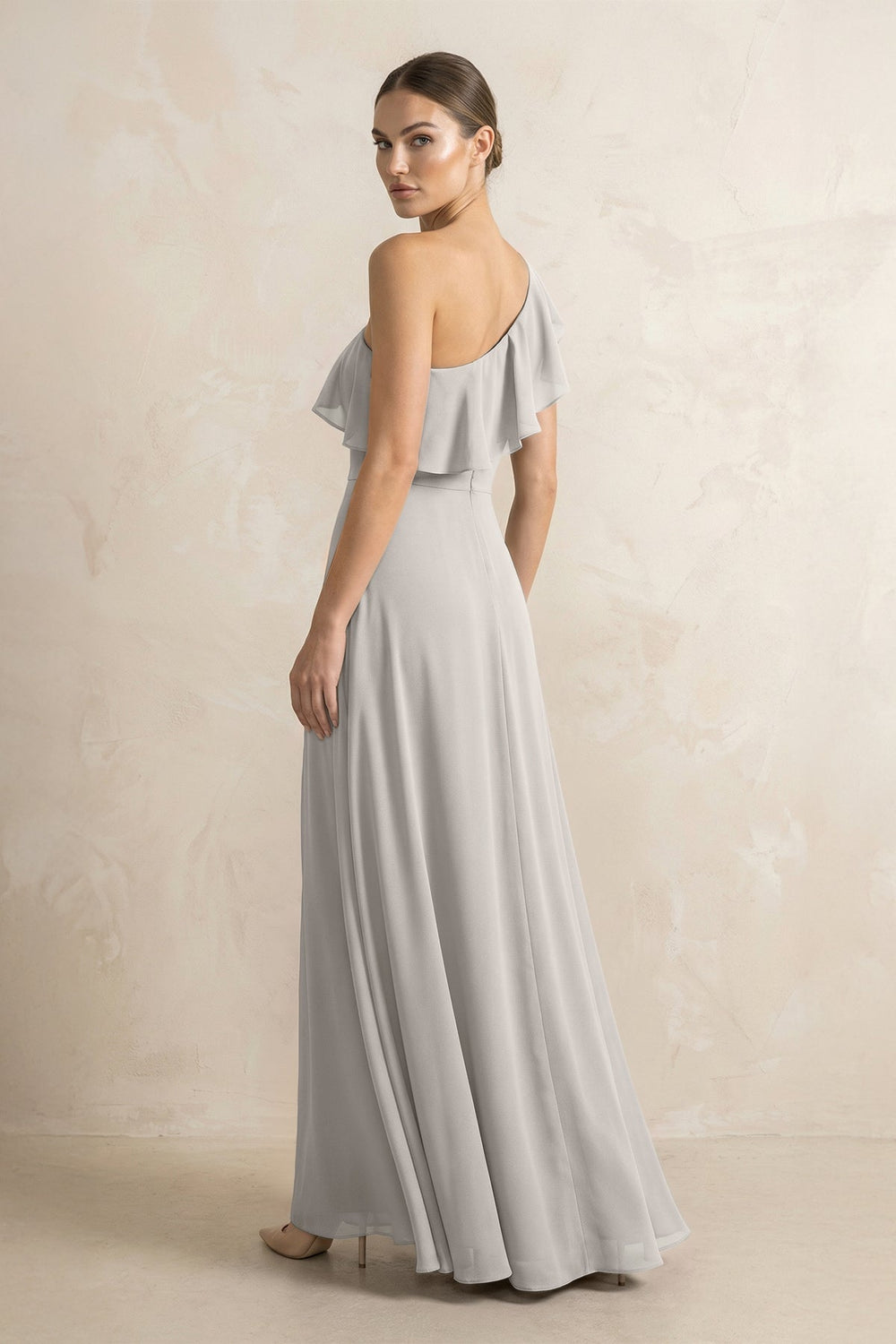 Ruffled One - Shoulder A - Line Chiffon Bridesmaid Dress in Silver - KISS BRIDAL Bridesmaid Dresses