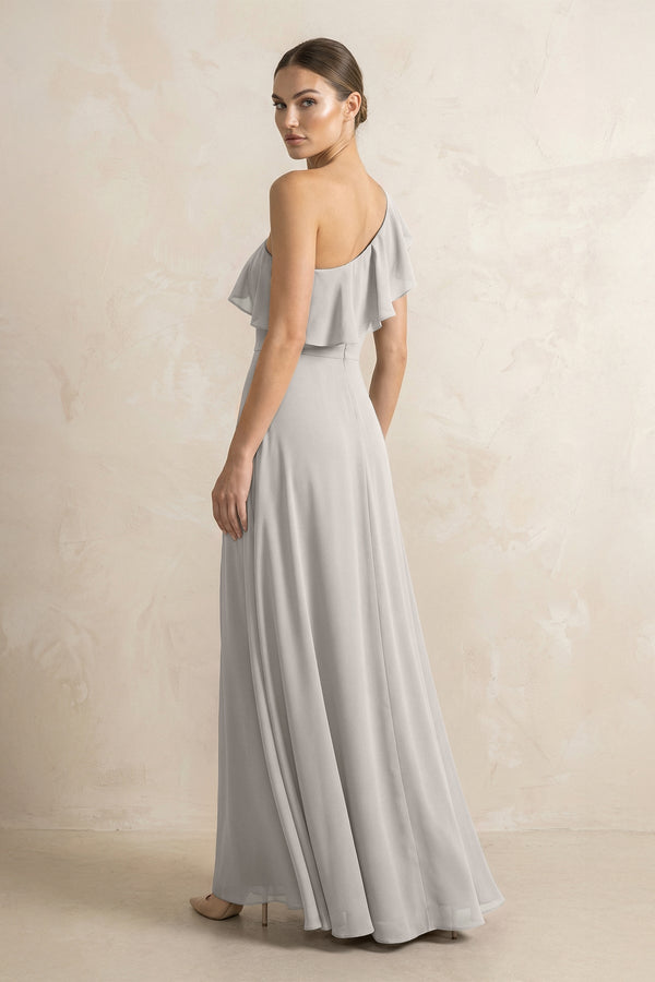 Ruffled One - Shoulder A - Line Chiffon Bridesmaid Dress in Silver - SHE IS ME Bridesmaid Dresses