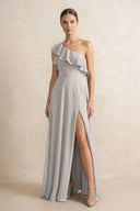 Ruffled One - Shoulder A - Line Chiffon Bridesmaid Dress in Silver - SHE IS ME Bridesmaid Dresses