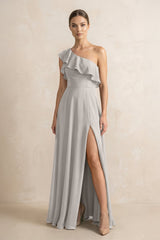 Ruffled One - Shoulder A - Line Chiffon Bridesmaid Dress in Silver - KISS BRIDAL Bridesmaid Dresses