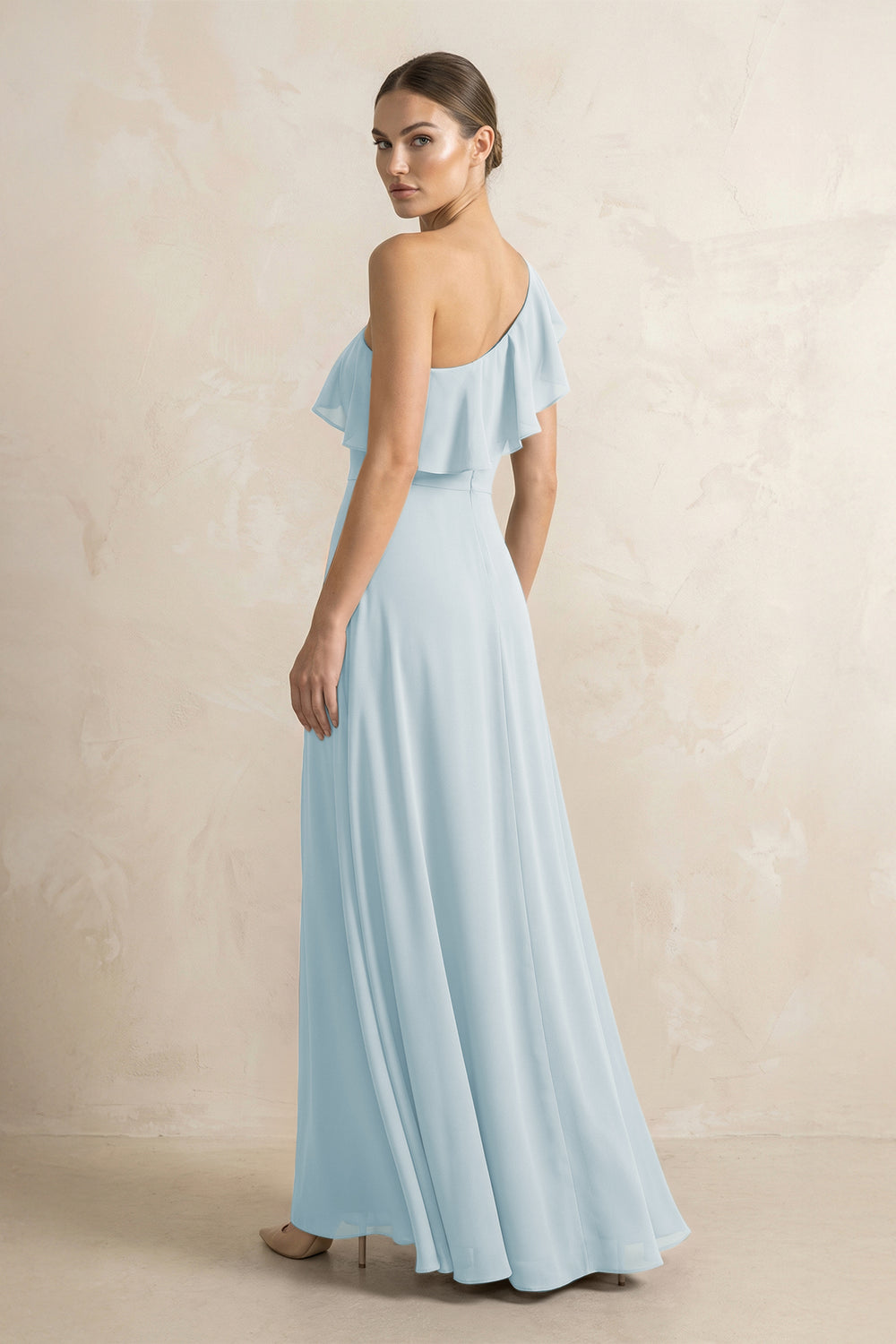 Ruffled One-Shoulder A-Line Chiffon Bridesmaid Dress in Sky Blue