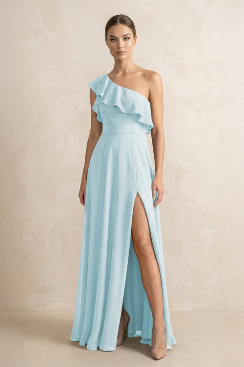 Ruffled One - Shoulder A - Line Chiffon Bridesmaid Dress in Sky Blue - KISS BRIDAL Bridesmaid Dresses