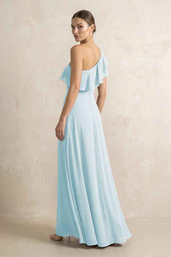 Ruffled One - Shoulder A - Line Chiffon Bridesmaid Dress in Sky Blue - KISS BRIDAL Bridesmaid Dresses