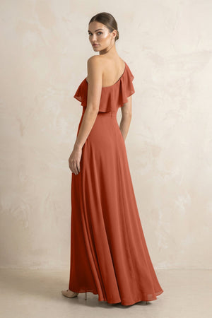 Ruffled One - Shoulder A - Line Chiffon Bridesmaid Dress in Spice - SHE IS ME Bridesmaid Dresses