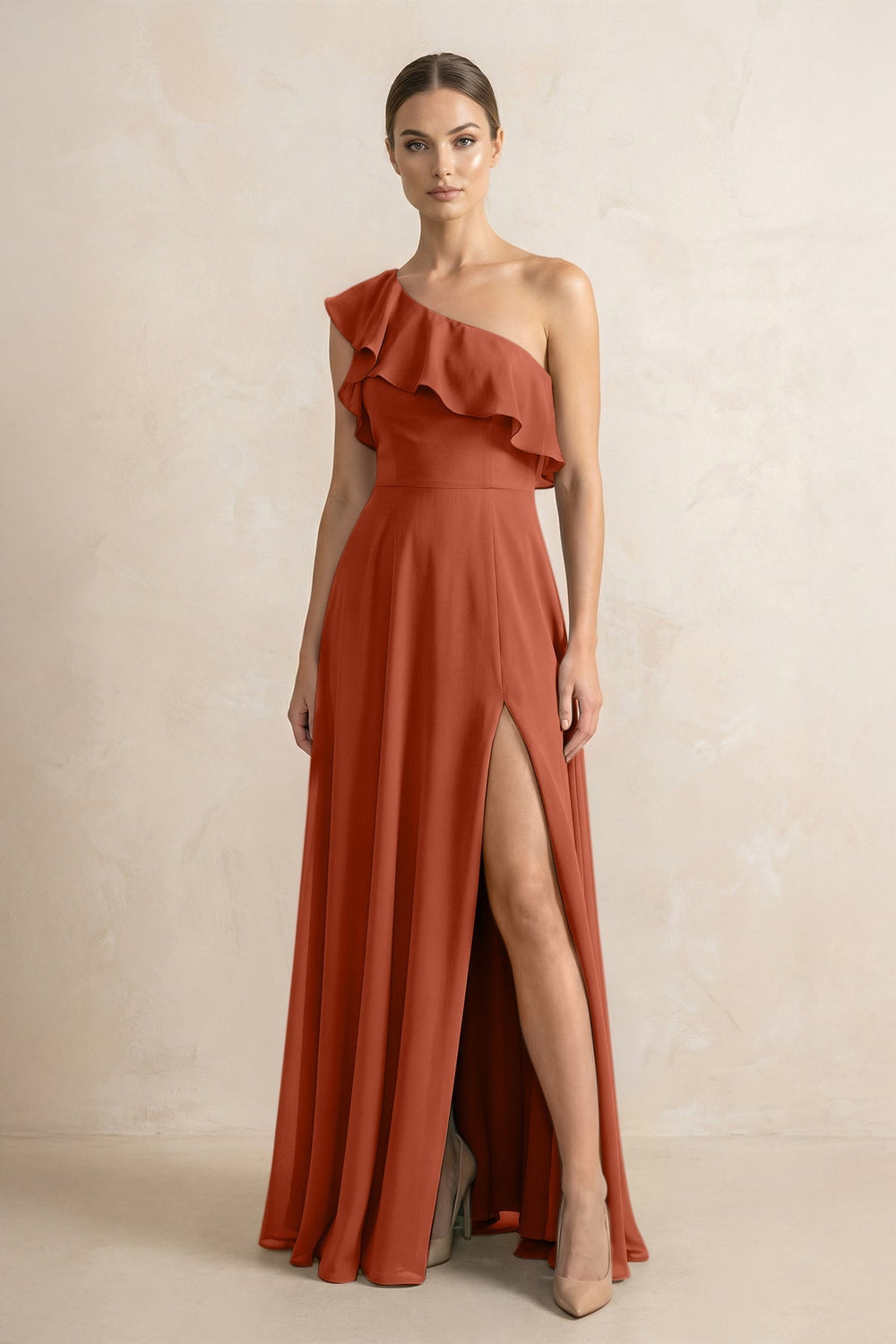 Ruffled One - Shoulder A - Line Chiffon Bridesmaid Dress in Spice - KISS BRIDAL Bridesmaid Dresses