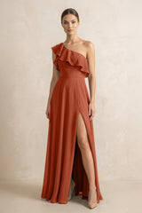 Ruffled One - Shoulder A - Line Chiffon Bridesmaid Dress in Spice - KISS BRIDAL Bridesmaid Dresses