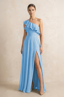 Ruffled One - Shoulder A - Line Chiffon Bridesmaid Dress in Steel Blue - KISS BRIDAL Bridesmaid Dresses