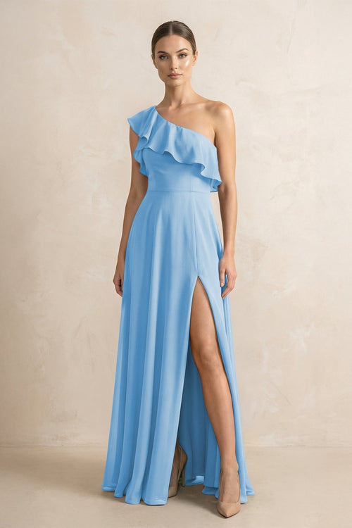 Ruffled One - Shoulder A - Line Chiffon Bridesmaid Dress in Steel Blue - KISS BRIDAL Bridesmaid Dresses