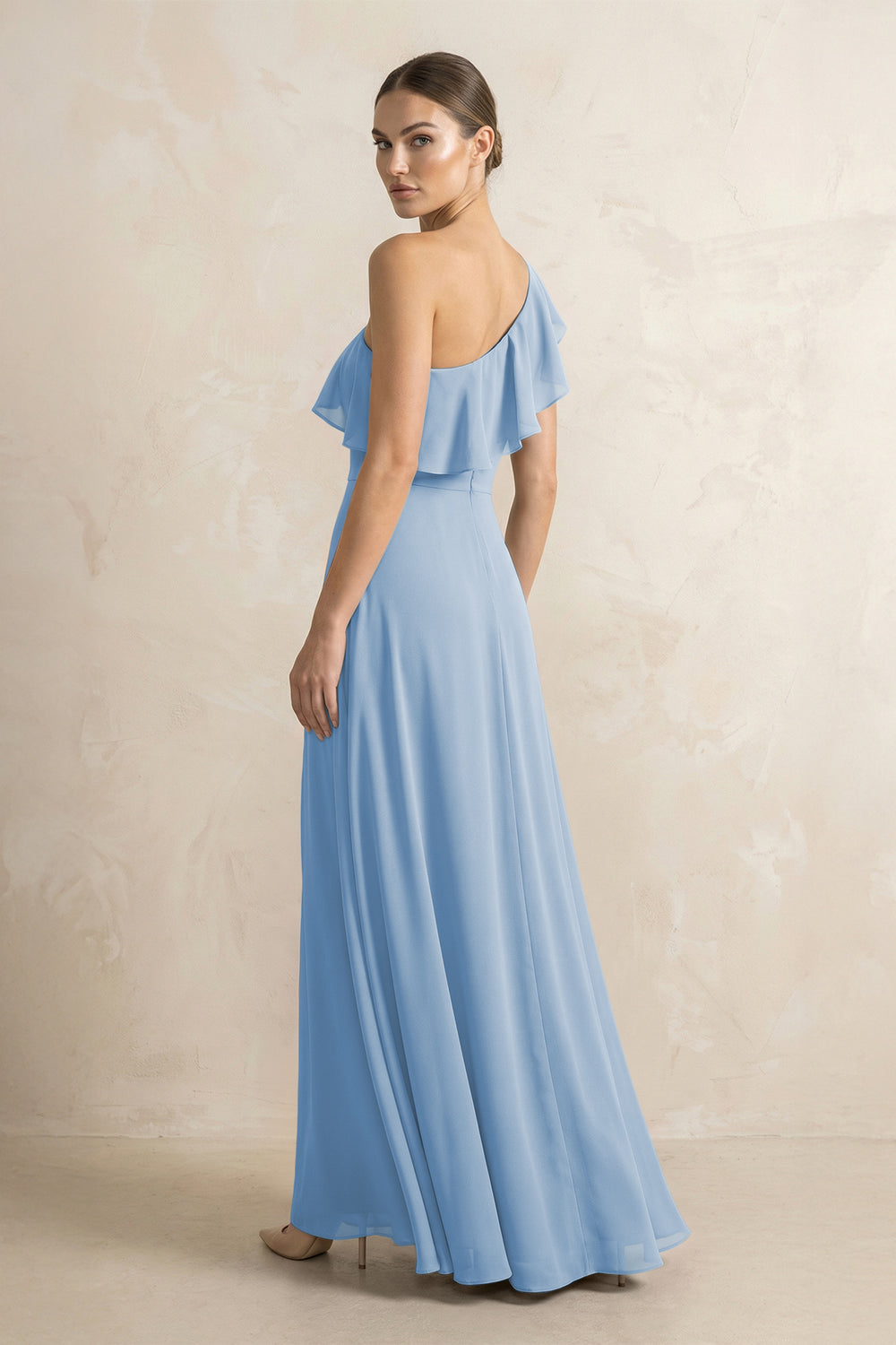 Ruffled One-Shoulder A-Line Chiffon Bridesmaid Dress in Steel Blue