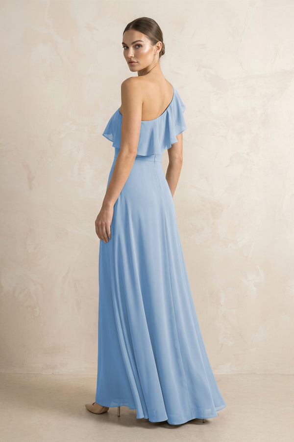 Ruffled One-Shoulder A-Line Chiffon Bridesmaid Dress in Steel Blue (2) | KISSBRIDAL